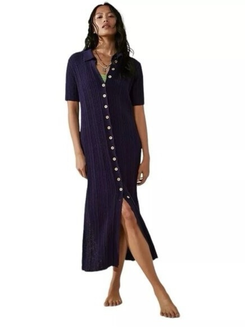 Free People Brach Navy Button-Front Ribbed Midi Dress XS but Very Stretchy!!